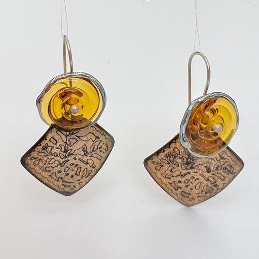 Enamel meet Lamp Work Glass...amber and gold geometric dangles