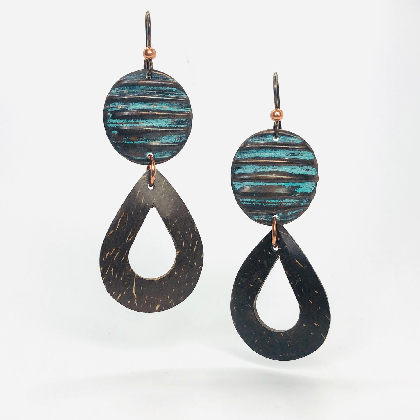 Copper and coconut shell earrings ....fabulous textures, rich patina, surprisingly lightweight!
