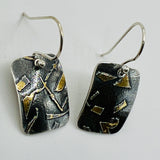 Deeply oxidized sterling silver and 24K gold combine in these small rectangle shape dangle earrings...modern, one of a kind.