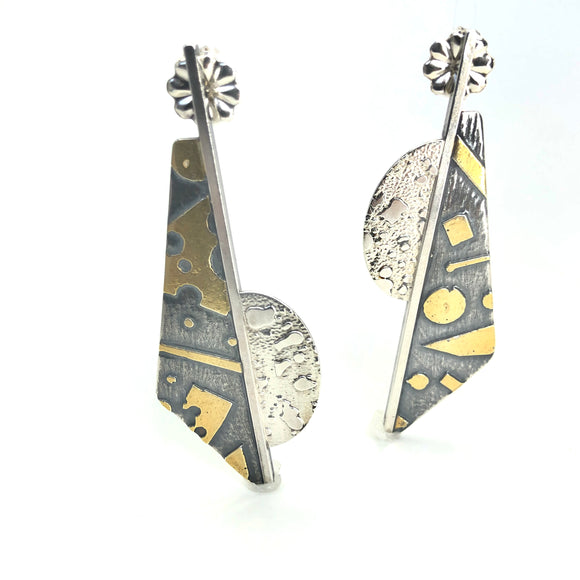 Designer Diana Hirschhorn Long Geometric Post Back One of a Kind Earrings in Sterling/24K Gold
