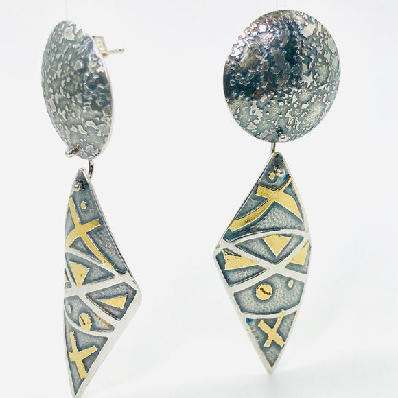 Bold and Contemporary Sterling Silver Geometric Post Earrings with accents of 24K Gold.  Truly Gorgeous!