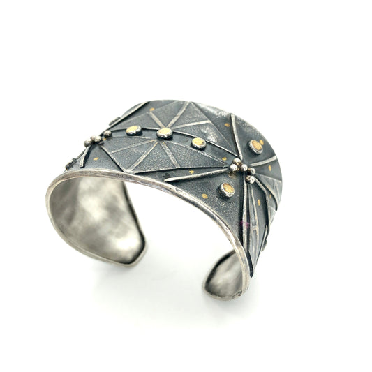 Bold statement cuff bracelet with an Art Deco Vibe! 24K gold accents on deeply textured cuff bracelet commands attention!