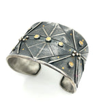Bold statement cuff bracelet with an Art Deco Vibe!   24K gold accents on deeply textured cuff bracelet commands attention!