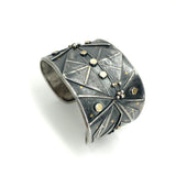 Bold statement cuff bracelet with an Art Deco Vibe!   24K gold accents on deeply textured cuff bracelet commands attention!