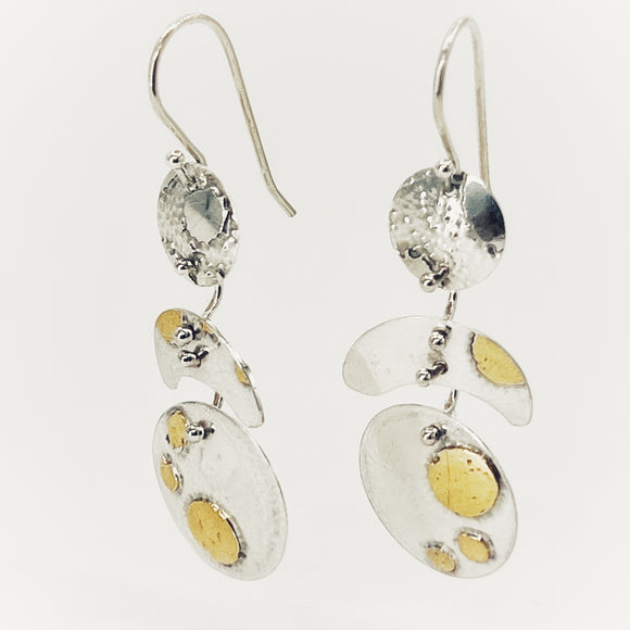 Handmade one-of-a-kind 3 Part Dangle Earrings in Bright Polished Sterling with 24K gold accents