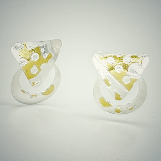 Shiny and bright sterling silver and 24K gold post back geometric earrings , architectural vibe. One of a kind, modern.