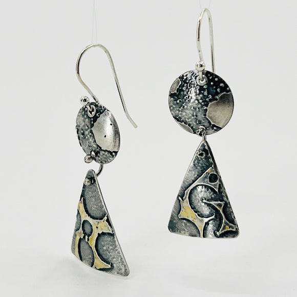 Deeply oxidized sterling silver and subtle touches of 24K gold combine in these 2 part dangle earring design