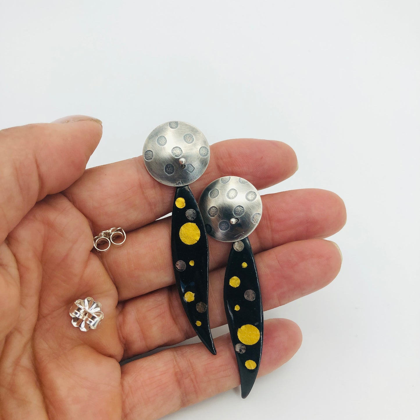 Leaf shape sterling /24K gold/enamel earrings