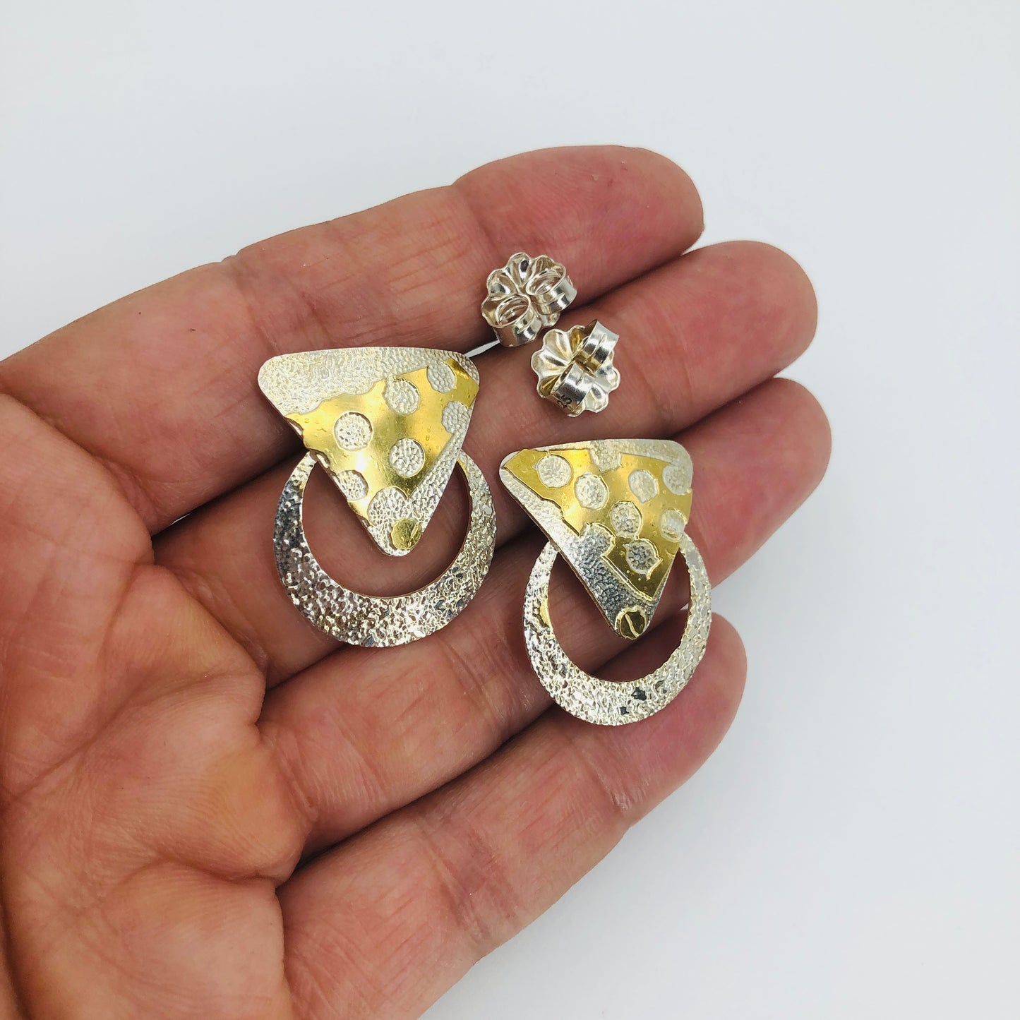 Sterling silver earrings with accents of 24K gold! Incredible etched texture makes for a one-of-a-kind pair!