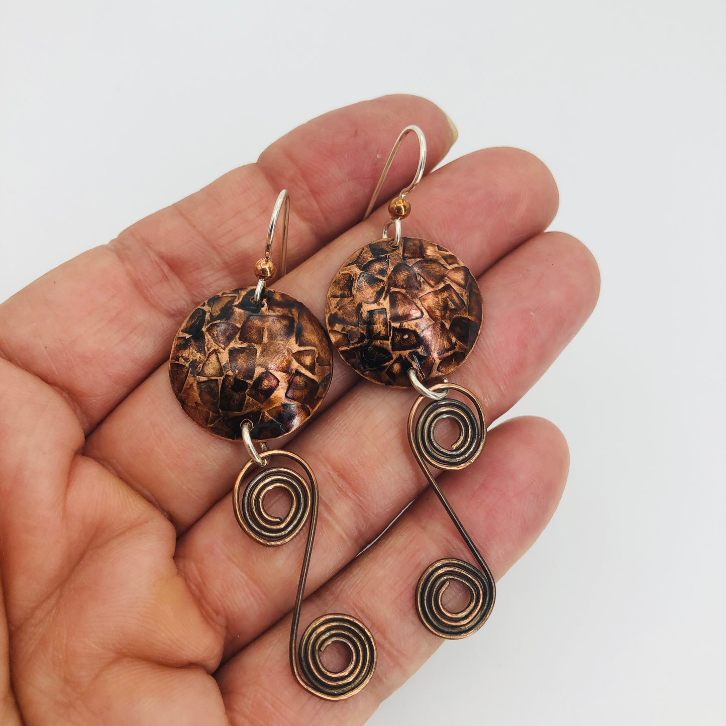 Copper dangle earrings with fabulous texture and rich patina, sterling silver ear wires!