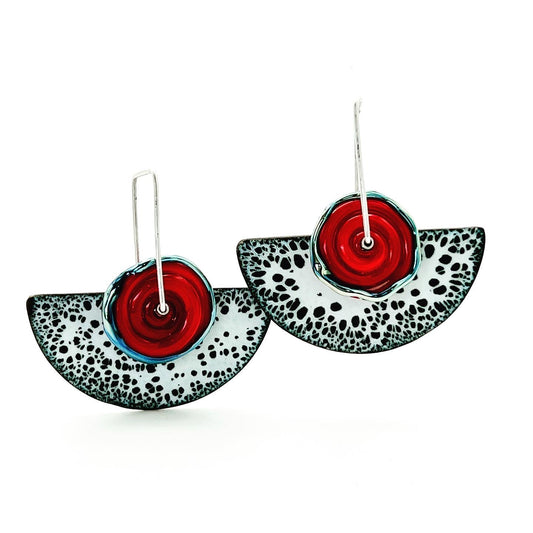 Handmade vitreous enamel art jewelry dangle earrings in black, white and red.