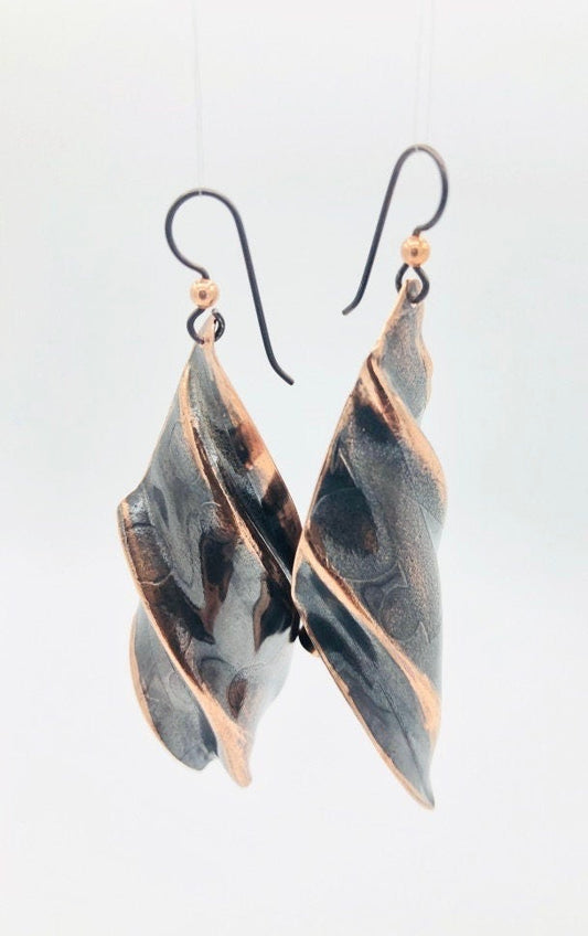 Leaf shaped fold-formed copper earrings in a deep chocolate brown. Organic, edgy, modern, boho!