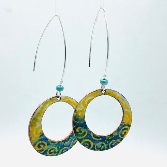 Geometric open hoop earrings are retro as well as modern. Yellow, blue, green vitreous enamel.