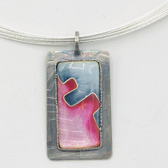 Modern, Geometric and Architectural Pink/Grey Necklace in Cloisonné Vitreous Enamel/Sterling Silver