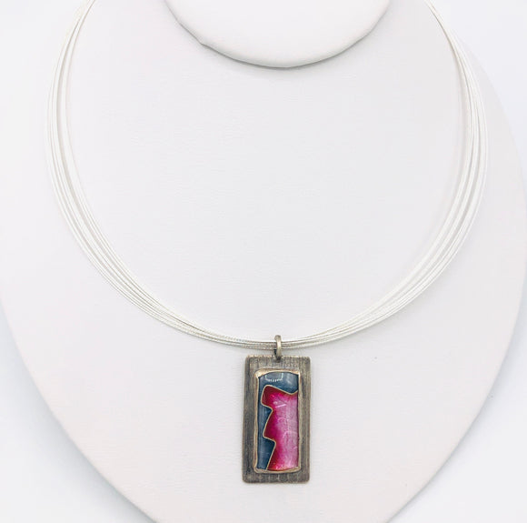 Pink/Grey Contemporary ad Geometric Cloisonné Enamel/Sterling Silver Necklace