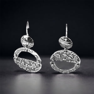 "Half Moon Asymmetrical Dangles"...Circular Sterling Etched Earrings