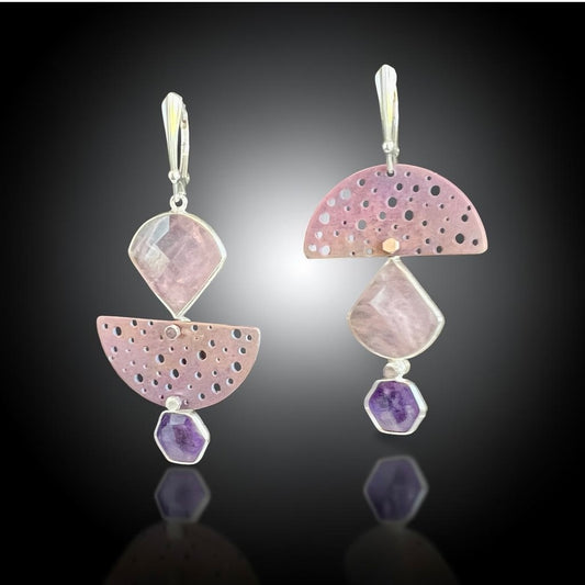 Stardust Cascade – Titanium, Rose Quartz & Amethyst Earrings