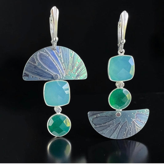 Emerald Tide – Titanium, Aqua Chalcedony & Green Onyx Earrings