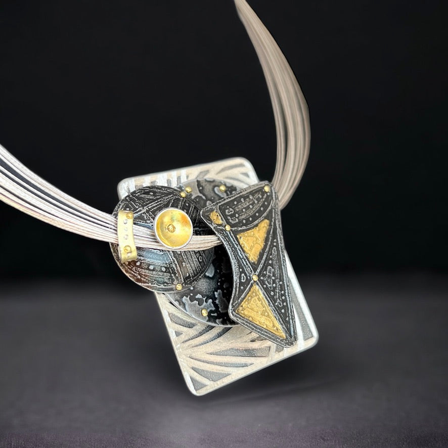 Celestial Geometry...sterling, steel and 24K gold necklace
