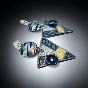 "Geometry in Space"....contemporary steel and 24K gold dangle earrings