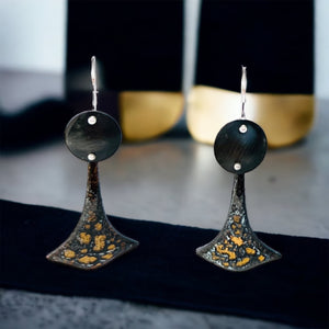 "Bold in Gold and Black 1"...Steel and Enamel dangle earrings