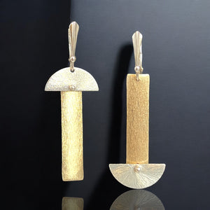 Two tone gold/silver asymmetrical slender rectangle/half moon dangle earrings