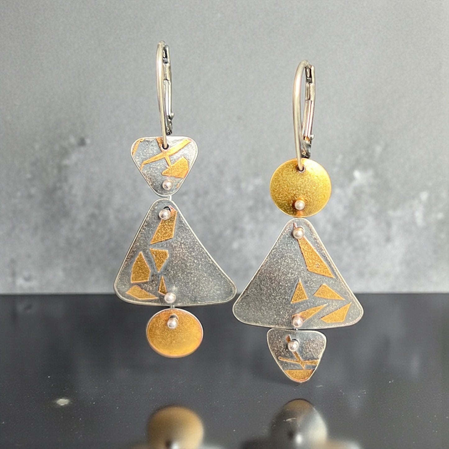 Asymmetrical dramatic, bold earrings 24K/Sterling medium length