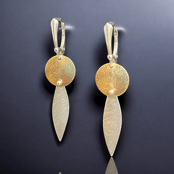 Shorter length two tone gold and silver slender leaf and circle dangle earrings