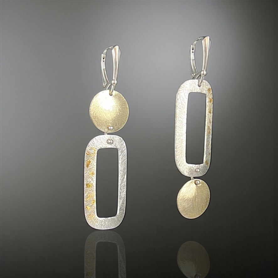 Asymmetrical and Fun…2 tone mostly gold rectangle and circle dangle earrings with 24K gold accents