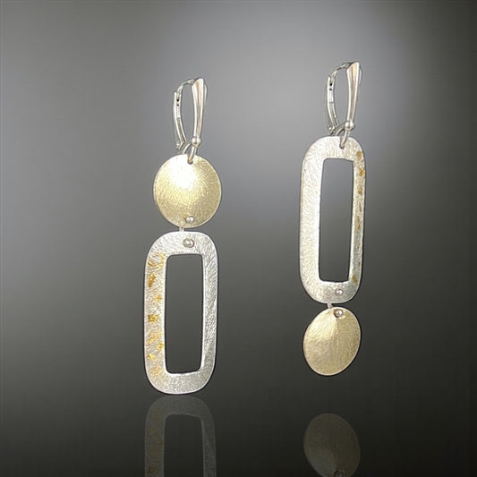 Asymmetrical and Fun…2 tone mostly gold rectangle and circle dangle earrings with 24K gold accents