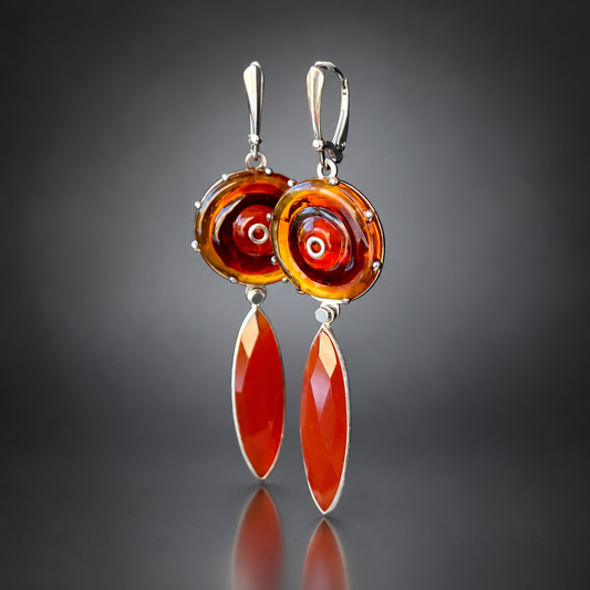 Red and Amber Lampwork Glass Earrings with Red Onyx Drops