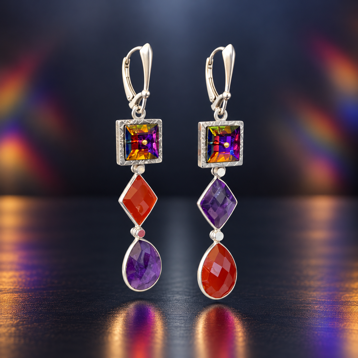 Asymmetrical earrings featuring multicolored vintage Swarovski square crystals in hand-engraved stainless steel bezels, with red onyx diamond-shaped drops and purple amethyst drops, finished with textured sterling silver leverback ear wires.