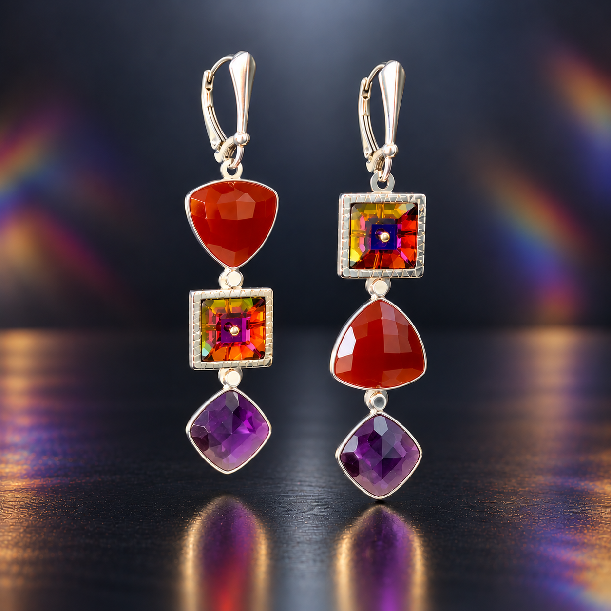 Aurora Flame – Asymmetrical Swarovski Crystal, Red Onyx & Amethyst Earrings.