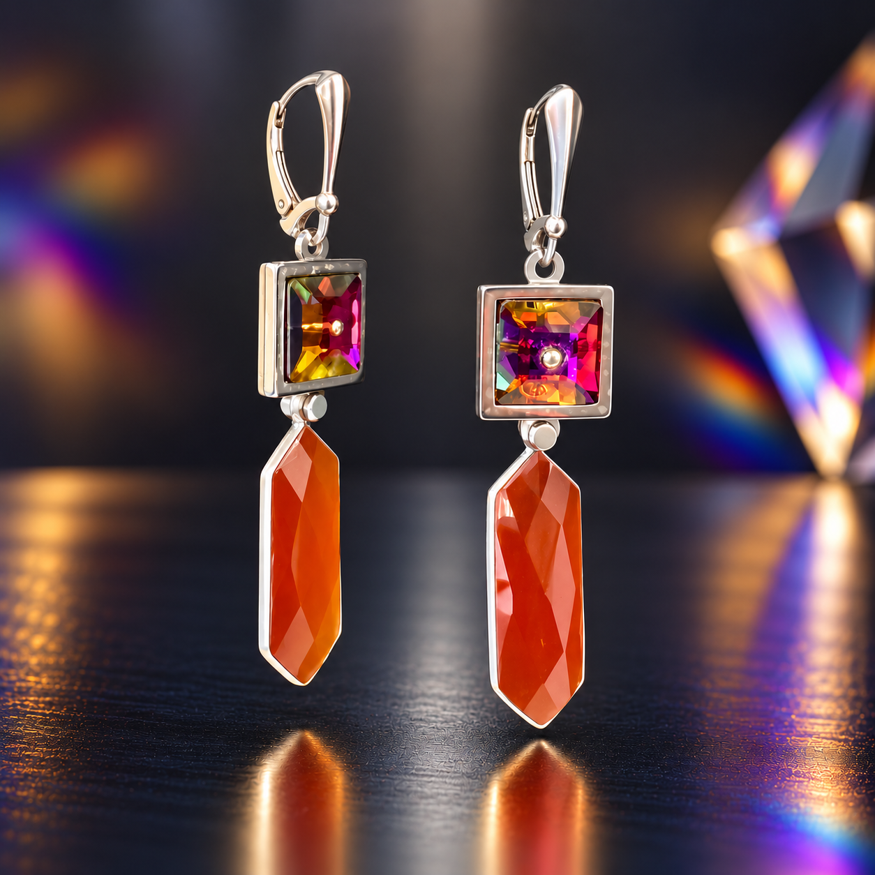 Pair of long red onyx drop earrings with colorful square vintage Swarovski crystals in silver bezels and sterling silver lever back ear wires, designed by Diana Hirschhorn.