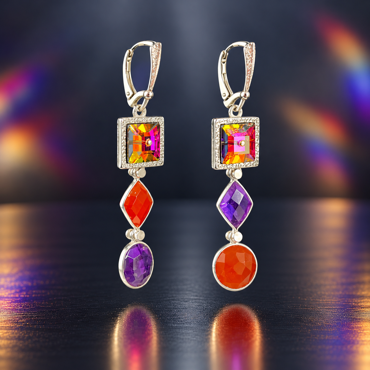 Asymmetrical handmade earrings featuring colorful vintage Swarovski crystals in hand-engraved stainless steel square bezels, with faceted red onyx diamond-shaped drops and purple amethyst circular drops, finished with textured sterling silver ear wires.