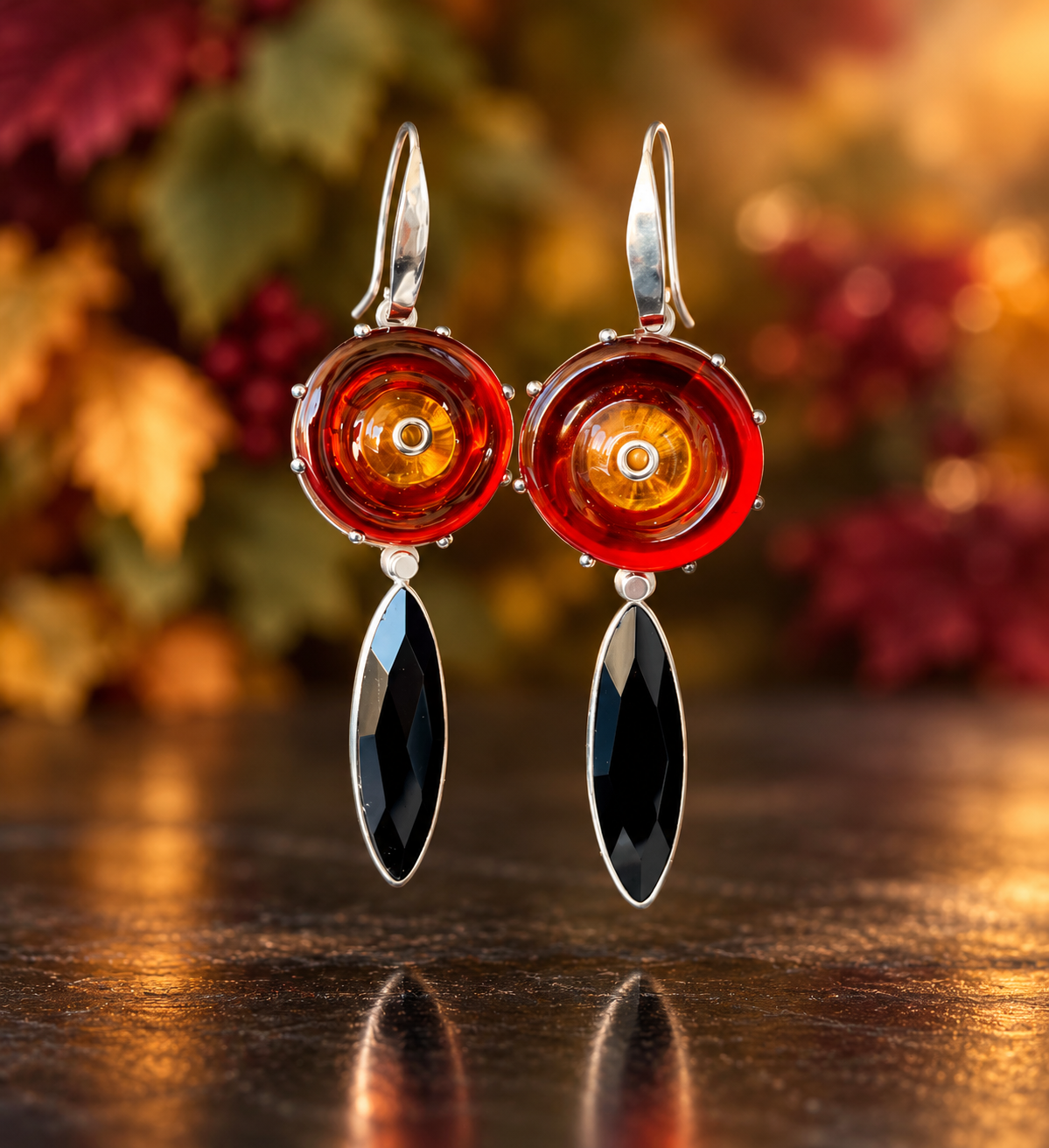 Amber Orbit Lampwork Glass & Black Onyx Earrings