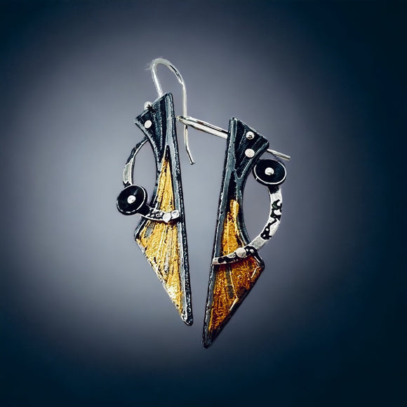 Cosmic Space....contemporary steel and 24K gold dangle earrings