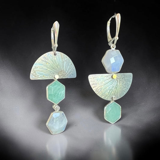 Sea of Light – Titanium, Aqua Chalcedony & Moonstone Earrings