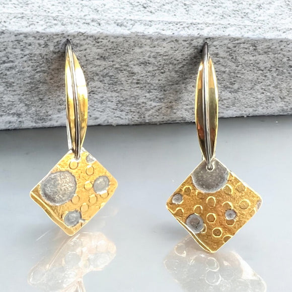 Textured 24K Gold & Silver Angled Square Earrings