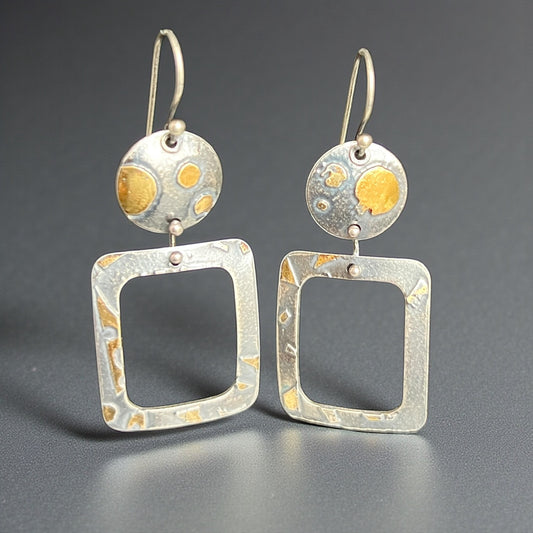 Geometric Sterling Silver/24K Gold Earrings with Rich Patina
