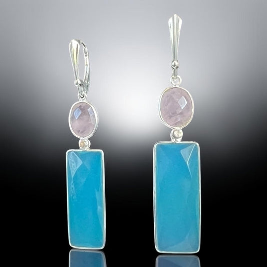 Modern and geometric Rose Quartz and Aqua Chalcedony Earrings