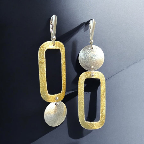 Asymmetrical and Fun…2 tone mostly gold rectangle and circle dangle earrings