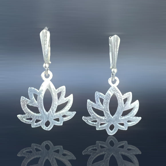 Minimalist lotus flower lever back dangles in silver