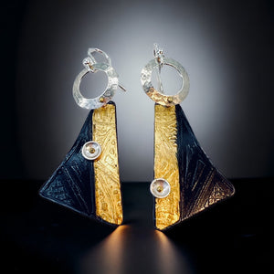 "Linear Space"....contemporary steel and 24K gold dangle earrings