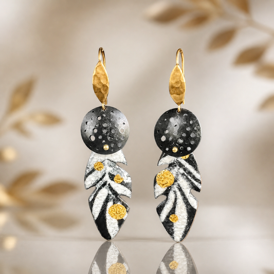 Stunning leaf shape vitreous enamel /24K gold/steel earrings