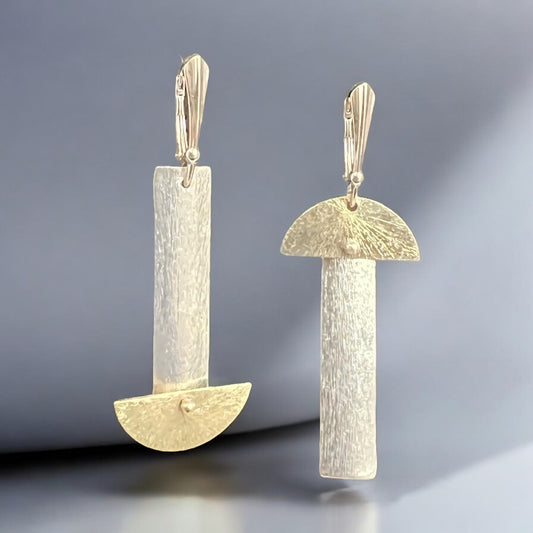Two tone silver/gold asymmetrical slender rectangle/half moon dangle earrings