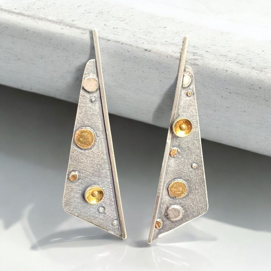Sterling Silver and 24K Gold Long Triangular Post Earrings