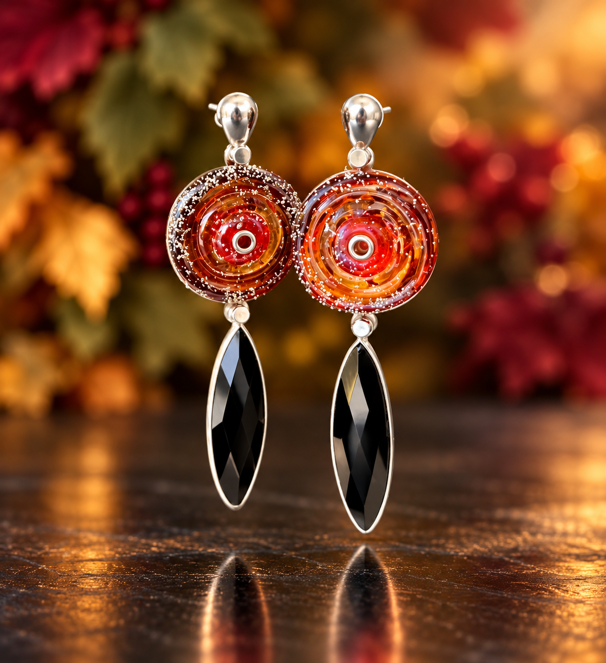 Silver Dusted Amber Lampwork Glass & Black Onyx Earrings