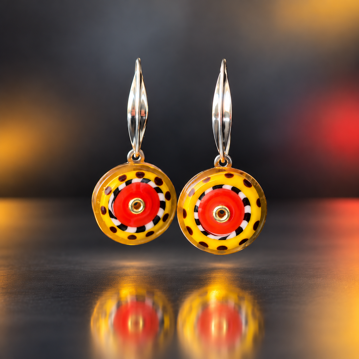 Amber Target Lampwork Glass Dangle Earrings