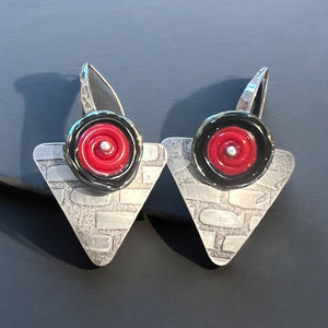 "Brick Work" sterling silver triangle dangles red, black lamp work glass